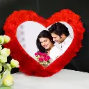 Personalised Red Fur Heart Shape Cushion for Couples/Kids/Friends/Parents with 1 Photo in Heart Shape