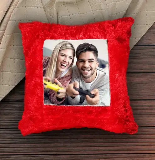 Personalised Red Fur Heart Shape Cushion for Couples/Kids/Friends/Parents with 1 Photo in Square Shape